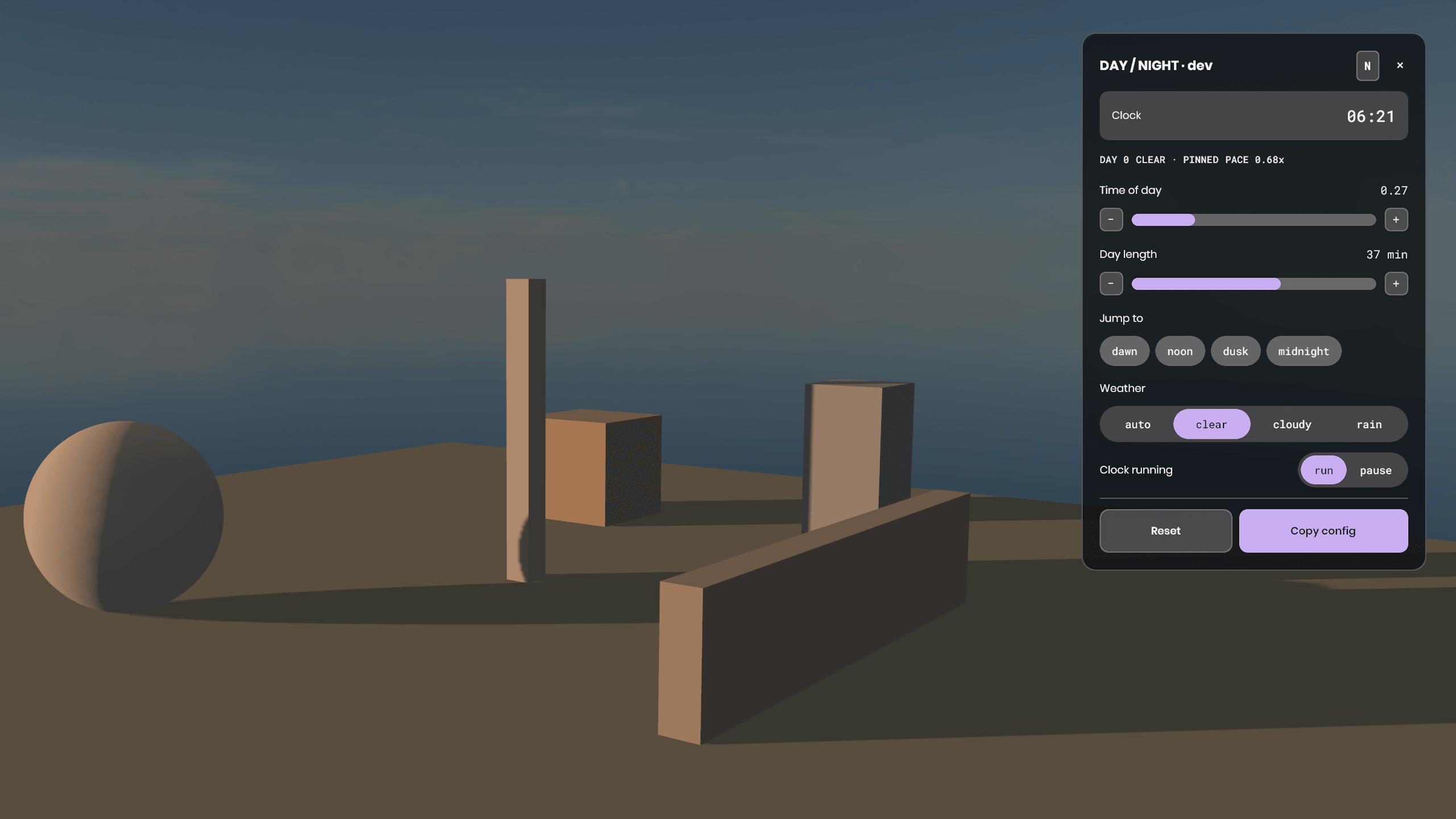 The demo scene at dawn, low sun raking across the yard with the time panel open