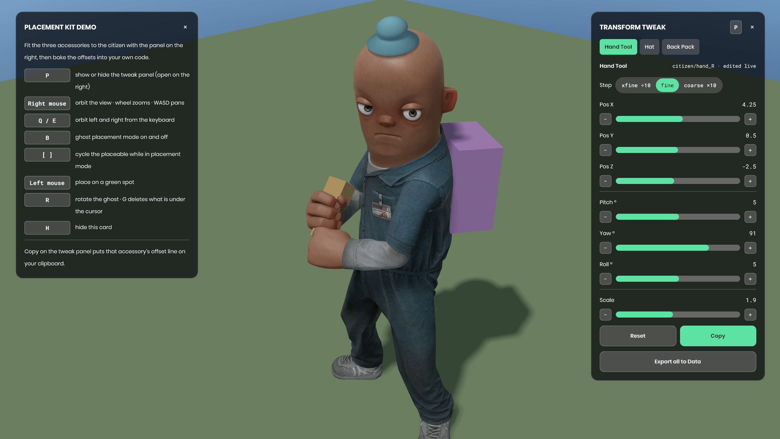 The demo citizen with tool, hat and pack fitted, tweak panel open at the right