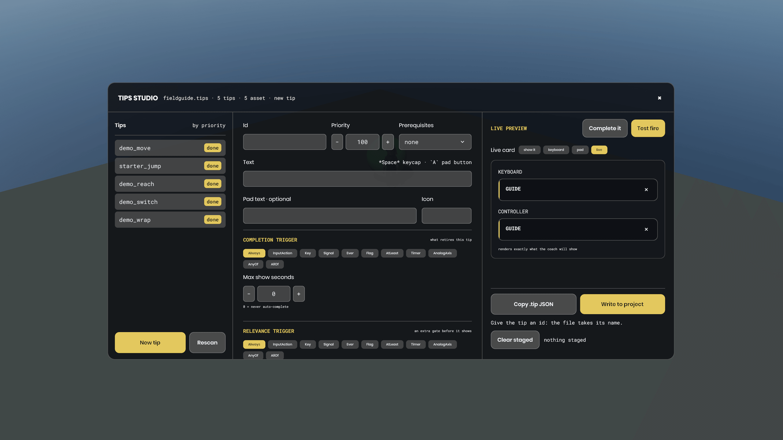 The Tips Studio open in play: tip list, editor fields, and the keyboard and controller previews