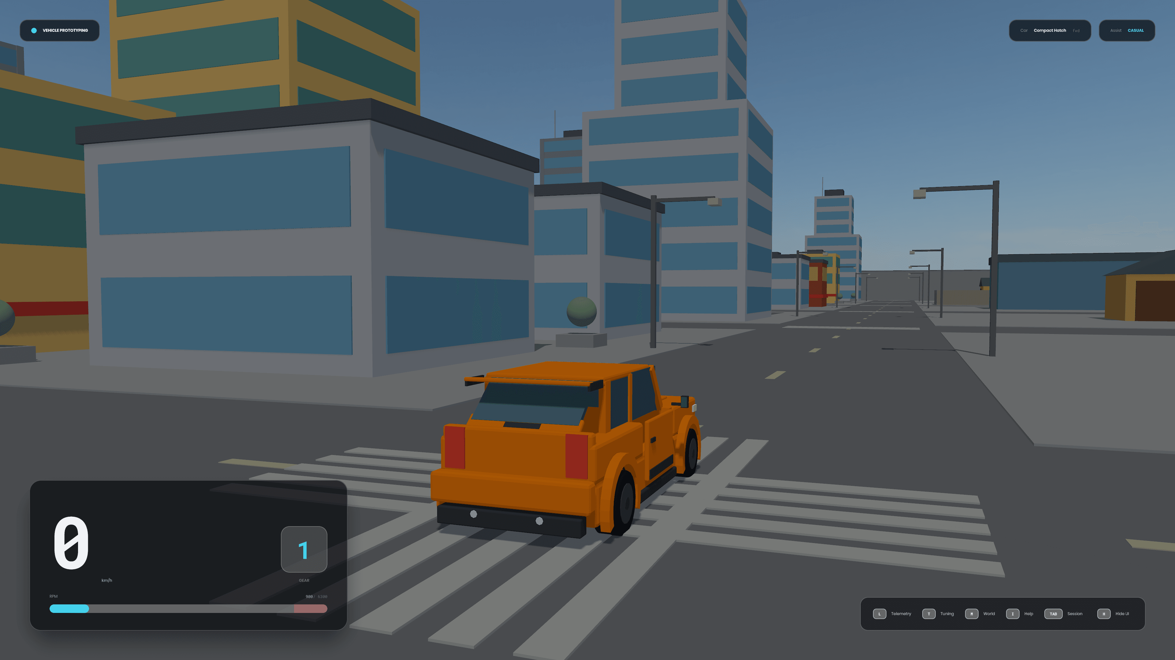 Orange compact hatch on a city crosswalk in the vehicle prototyping playground
