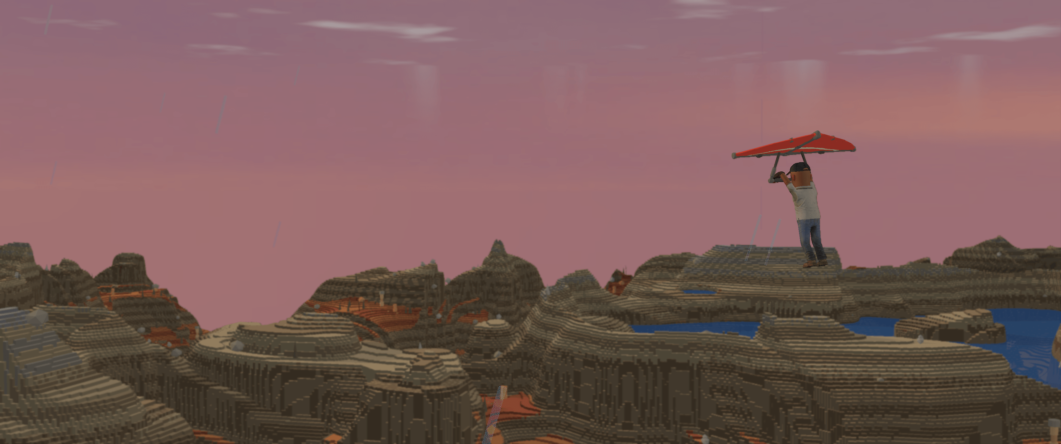 Player holding the red glider overhead on a mesa ridge in dusk rain