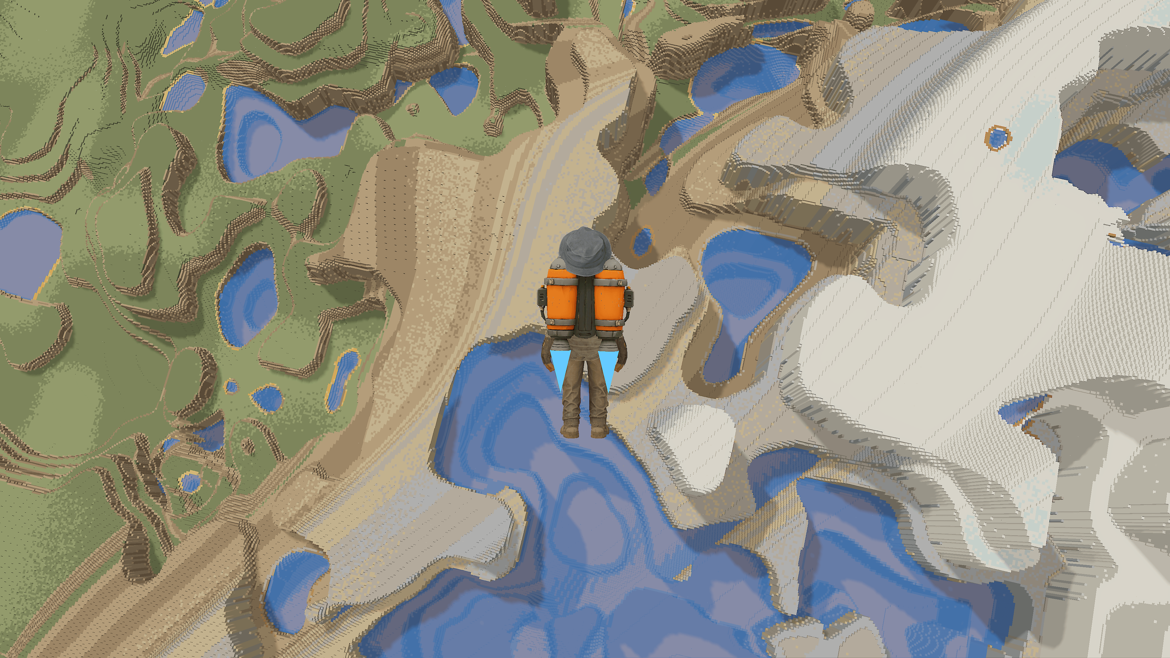 Player jetpacking above a voxel world