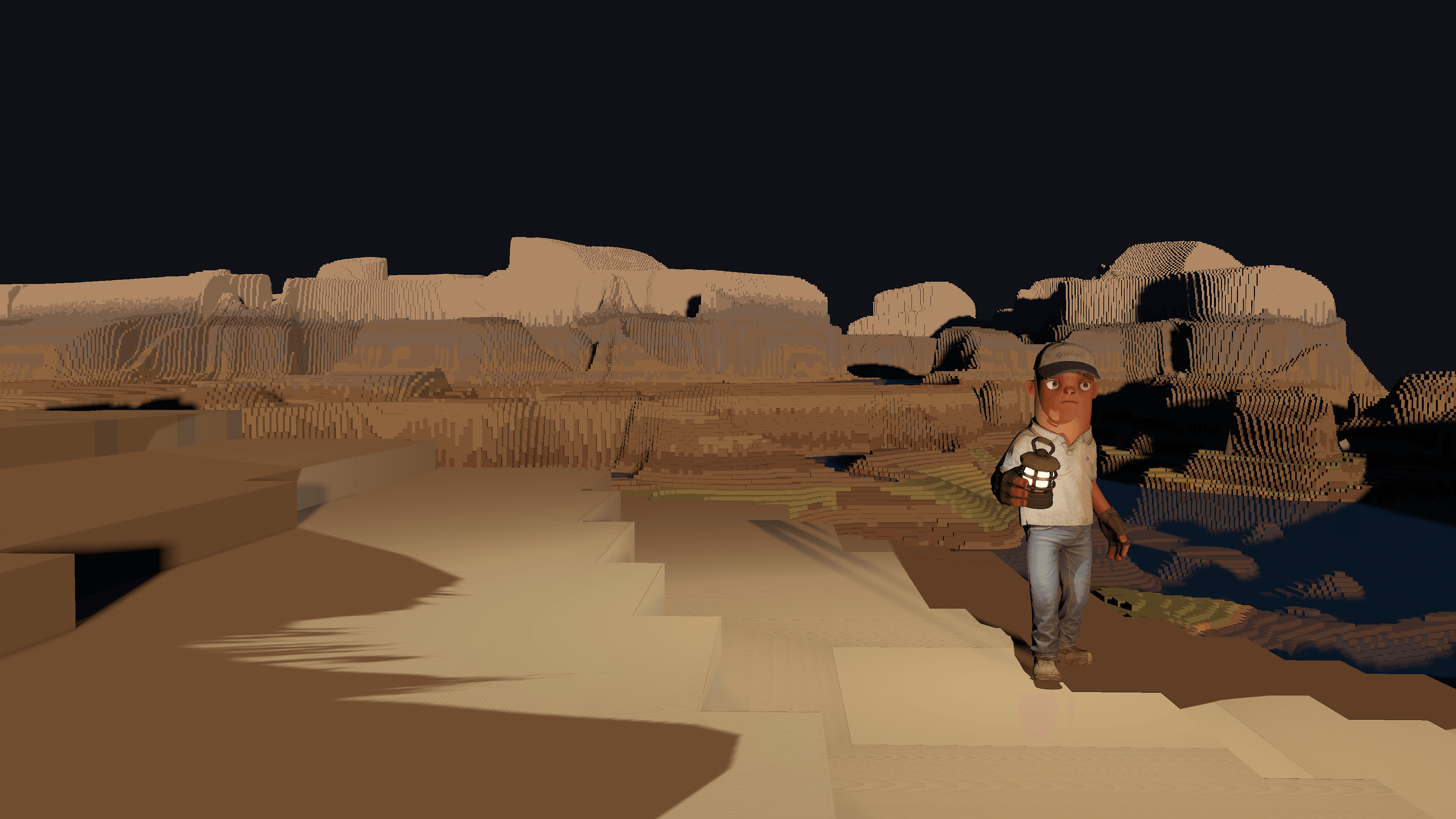 Builder walking the mesa at night, lantern in hand