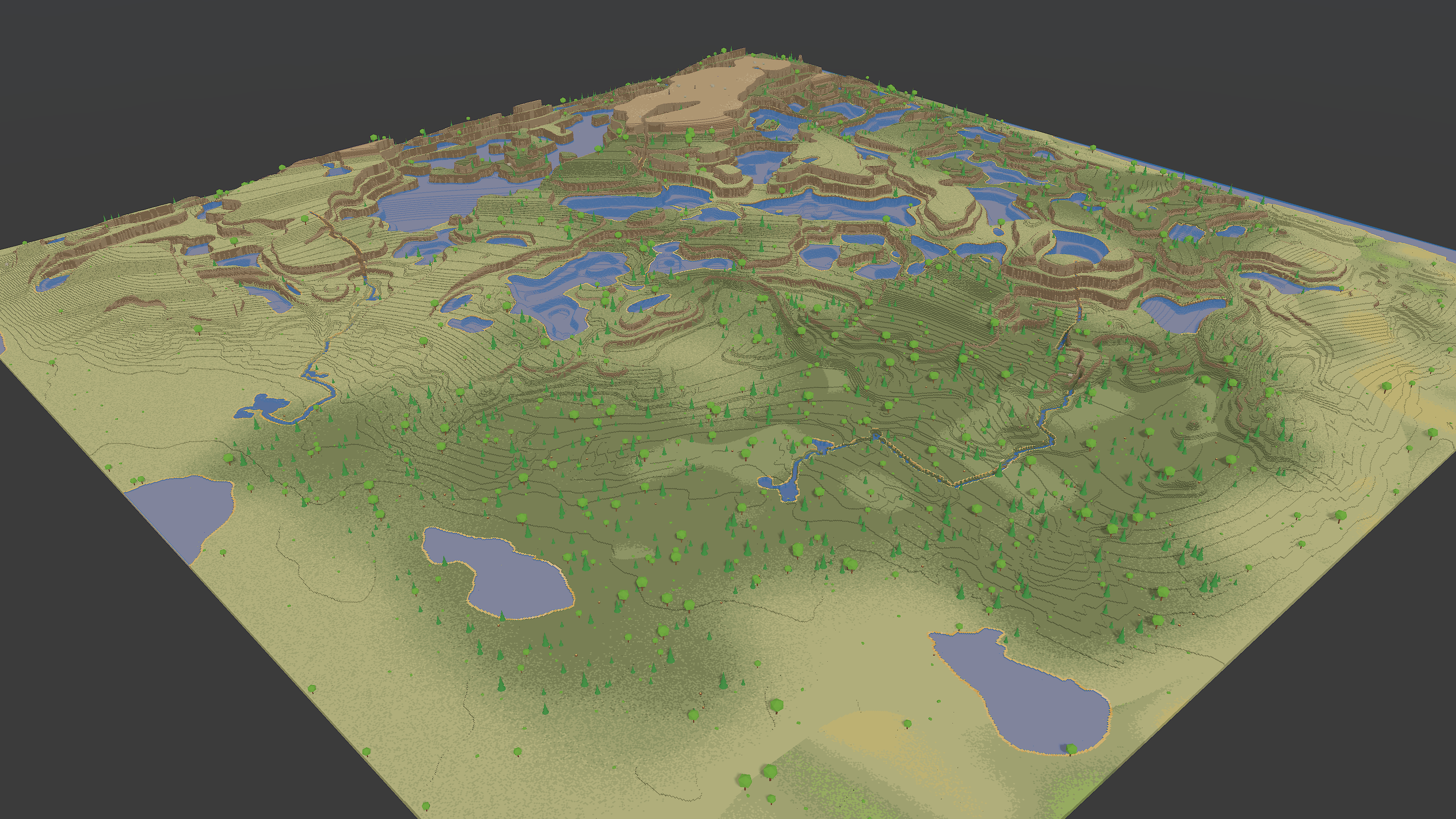 Aerial overview of a complete generated voxel diorama with lakes, cliffs, and scattered trees